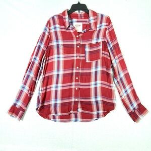 Mossimo Plaid Flannel Shirt Womens XL Red Blue Button Up Long Sleeve Western Top